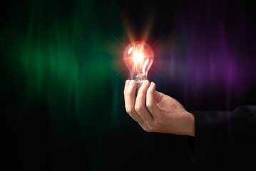 Businessman hand holding creative light bulb with power line technology, analysis solution and...