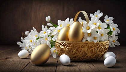 Obraz na płótnie Canvas Happy easter, Golden easter eggs and white flowers in a golden basket on wooden table. Ai generate image