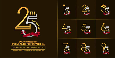 set of anniversary silver and golden color with red ribbon for special celebration event