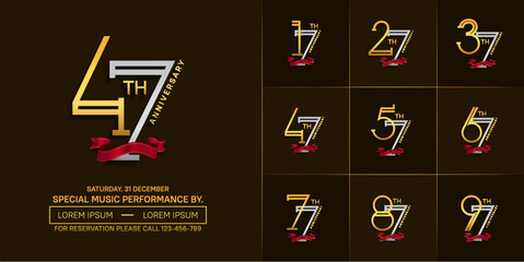 set of anniversary silver and golden color with red ribbon for special celebration event