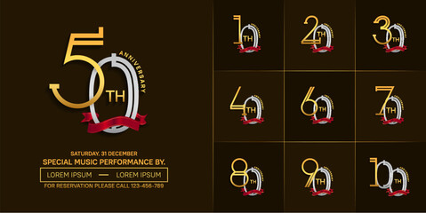 set of anniversary silver and golden color with red ribbon for special celebration event