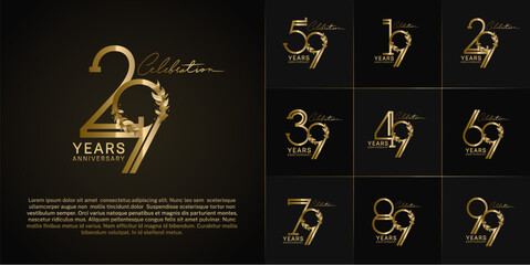 set of anniversary logotype golden color with leaf for special celebration event