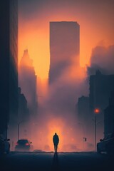 Surreal Dreamy Concept Illustration; Figure Walking Into the Fog, an Unknown Future, Developed in Part with Generative AI