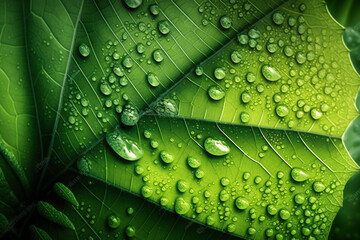 Close up of leaf with morning dew, fresh green background, generative ai
