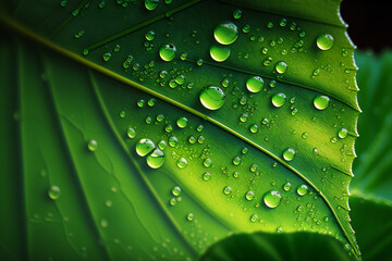 Close up of leaf with morning dew, fresh green background, generative ai