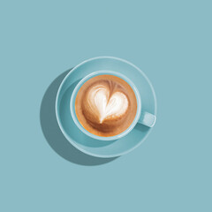 Love composition made of heart-shaped cappuccino on pastel blue background. Minimal concept of...