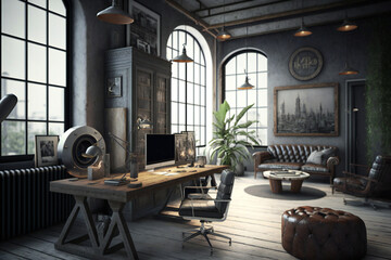 Luxury workspace office industrial space modern interior classy furniture good taste office industrial loft generative ai