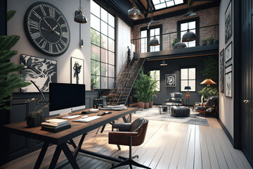 Luxury workspace office industrial space modern interior classy furniture good taste office industrial loft generative ai