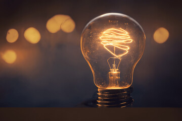 Old fashioned light bulb emits a warm glow, representing new ideas, progress, and uncharted territory. Concept for business and technology with room for text.