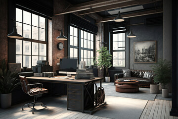 Luxury workspace office industrial space modern interior classy furniture good taste office industrial loft generative ai