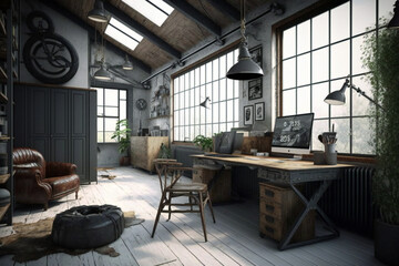 Luxury workspace office industrial space modern interior classy furniture good taste office industrial loft generative ai