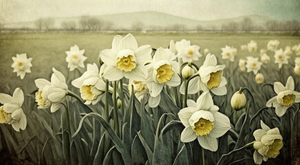 Vintage daffodil landscape illustration, mountain hill field background, antique rustic blooming floral art for wallpaper, design
