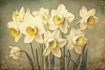 Vintage daffodil closeup illustration, antique rustic blooming floral art for background, wallpaper, design