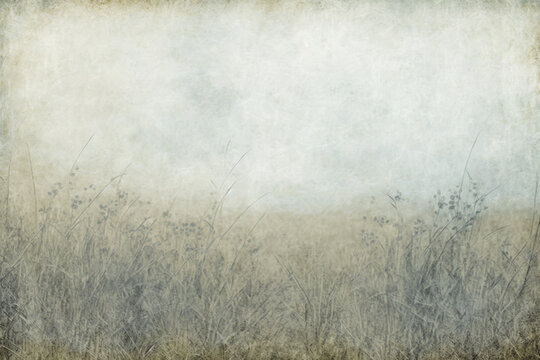 Abstract prairie grassland field vintage illustration, bleak cloudy muted gray landscape art for background, wallpaper, texture