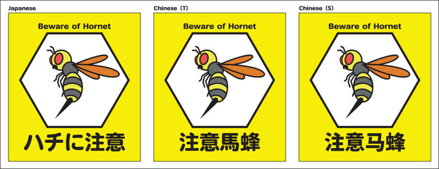 スズメバチに注意するように知らせる貼り紙
（3か国語）