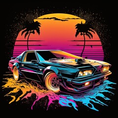 Shirt Design Synthwave Graphic with Vivid Colors and Detailed Design 3. Generative AI.