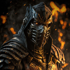 scorpion fighter with flames in the background