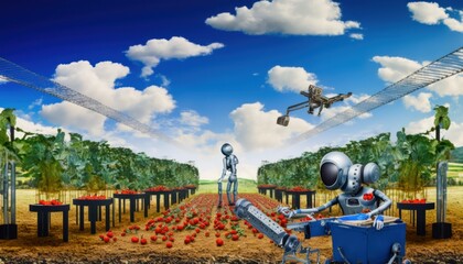 smart robotic farmers in agriculture futuristic robot automation to work to spray chemical fertilizer or increase efficiency, generative by AI