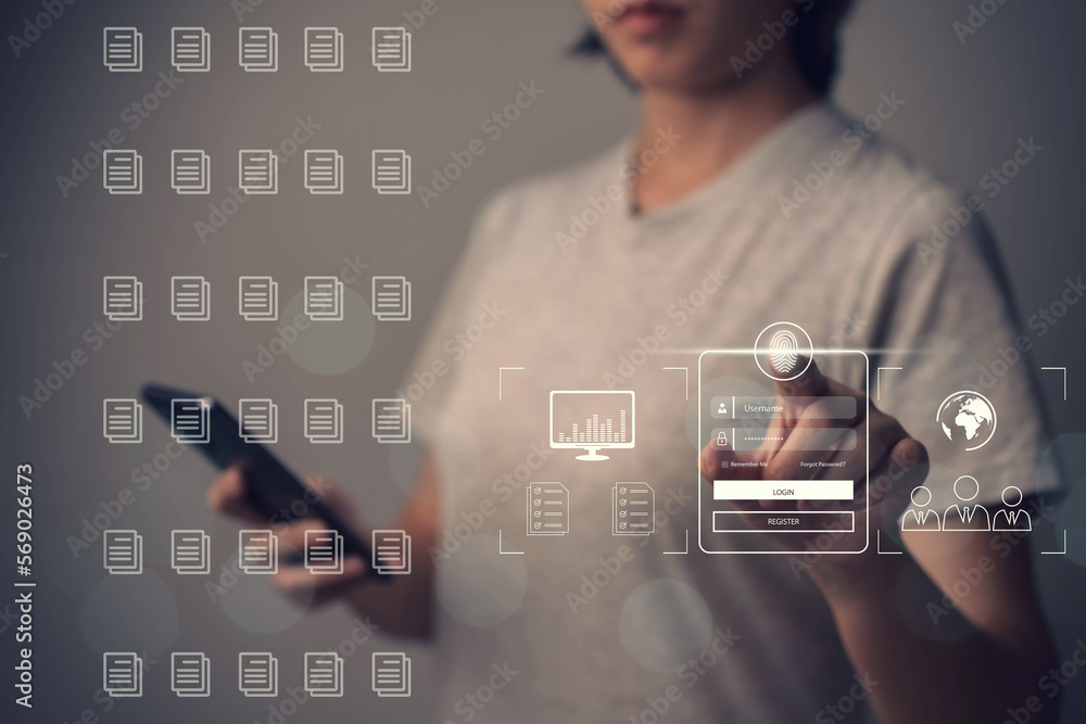 Poster woman scanning fingerprint to unlock mobile phone password. fingerprint unlocking to access informat