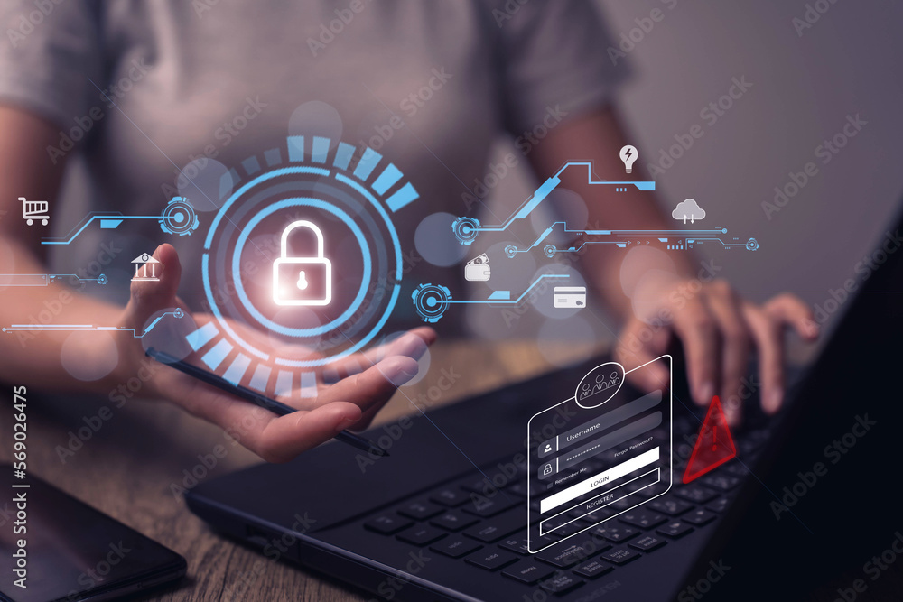 Poster laptop password lock security concept to prevent hacking financial transaction data. big data protec