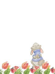 Postcard template with a rabbit in a sweater in flowers