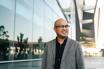 Fototapeta premium Senior manager business man in suit standing at the buildings downtown. Confident man arms crossed looking towards their goals for success. Executive business man