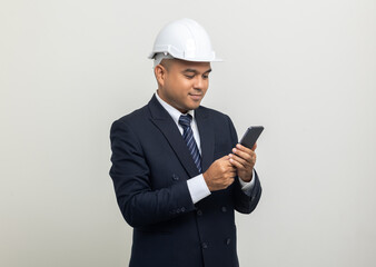 Businessman manager owner real estate working with cell phone on isolated white background. Cooperation of architect designer. Engineer with smartphone checking at working construction site