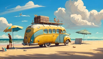 Illustration of a old bus on the beach, vacations, Generative AI