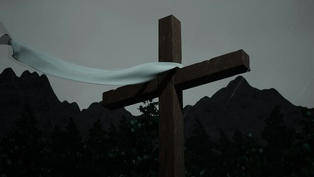 Sacred holy cross with raindrops and clouds, rainy day at jerusalem mountain to mourn for jesus christ. Spiritual symbol of crucifix, sacrifice of god and punishment, salvation. 3d render animation.