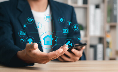 Smart home technology concept. Control all the functions of your home through your smartphone. Home...
