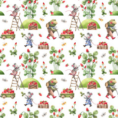 Obraz premium Cute mice and frogs are picking berries at the strawberry farm. Seamless pattern with kids style illustrations on a white background. Background for kids room decor, textiles, wallpapers.