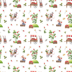 Naklejka premium Cute mice and bunnies are picking berries in a strawberry garden. Kids style illustration. Seamless pattern on a white background for children's decor, textiles, wallpapers.
