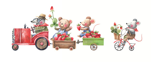 Cute mole, bear and mice are carrying strawberries on a tractor with a trailer and a bicycle. Funny animal characters horizontal illustration in kids style.Children's decor, postcards, textiles.