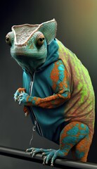 Cool, Cute and Adorable Humanoid Chameleon in Stylish Sportswear: A Unique Athletic Animal in Action with Comfortable Activewear and Gym Clothes like Men, Women, and Kids (generative AI)