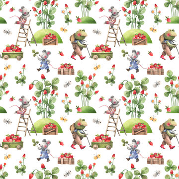 Cute mice and frogs are picking berries at the strawberry farm. Seamless pattern with kids style illustrations on a white background. Background for kids room decor, textiles, wallpapers.