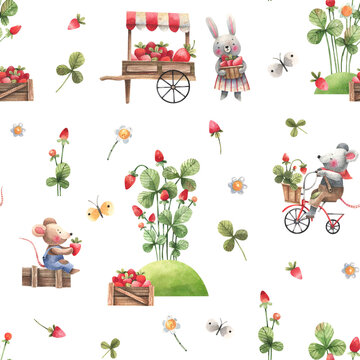 Cute little animals picking berries in a strawberry garden seamless pattern in kids style. Bunny with strawberries, a mouse on a bicycle, a mouse with a box of strawberries illustrated background.