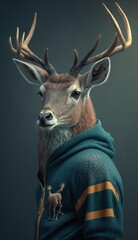 Cool, Cute and Adorable Humanoid Deer in Stylish Sportswear: A Unique Athletic Animal in Action with Comfortable Activewear and Gym Clothes like Men, Women, and Kids (generative AI)