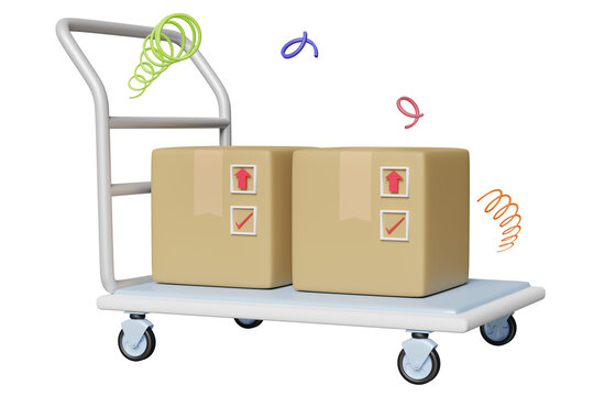3d warehouse trolley empty, platform trolley with goods cardboard box icon isolated. 3d render illustration