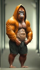 Fototapeta na wymiar Cool, Cute and Adorable Humanoid Orangutan in Stylish Sportswear: A Unique Athletic Animal in Action with Comfortable Activewear and Gym Clothes like Men, Women, and Kids (generative AI)