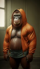 Cool, Cute and Adorable Humanoid Orangutan in Stylish Sportswear: A Unique Athletic Animal in Action with Comfortable Activewear and Gym Clothes like Men, Women, and Kids (generative AI)