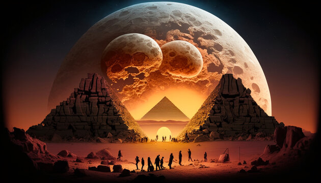 Ancient pyramids golden sand in the desert; parallel universe, magic realism idea, G&eacute;n&eacute;rative IA