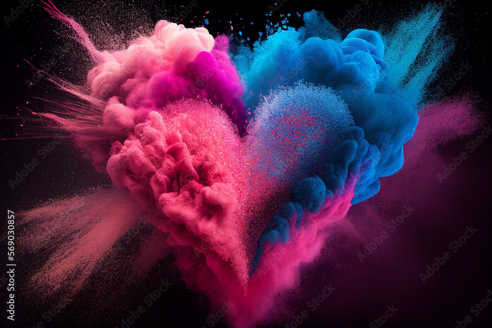 Wall mural Heart shape in Explosion of colored powder isolated on black background. Abstract colored background, image ai midjourney generated