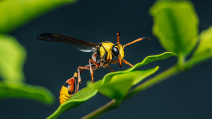 Yellow Potter Wasp on green leaf and black background, Macro shot insect in Thailand, Selective focus.
