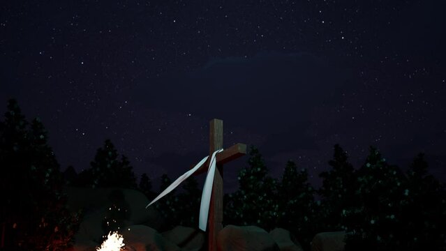 Religious holy cross glowing at night with campfire, celebrating easter and resurrection of Lord. Sacred mountain hill with crucifix at jerusalem for sacrifice of jesus christ. 3d render animation.