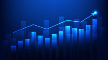 bar chart with uptrend arrow show  growth of business performance and profit of investment on blue background