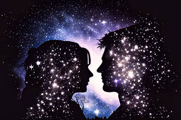 loving couple kissing.Love silhouette of young kissing couple.Abstract illustration on a dark background with space and star. Generative AI .
