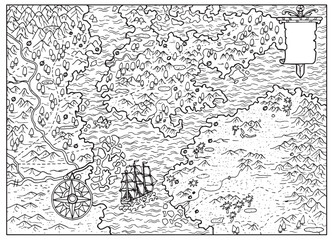 Black and white nautical ilustration with old pirate world map of treasures with unknown islands and lands, ancient sailboat ship, compass. Adventure concept marine background.