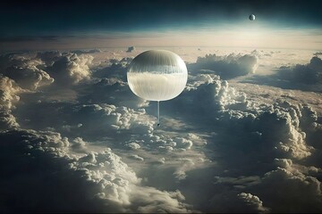 satellite elevated with an atmospheric high pressure balloon, generating data related to climate, geography, country monitoring, communications, and spying, flying on 10000 feet height, generative ai