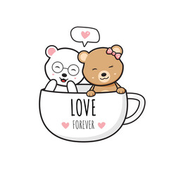 Cute bear couple in a coffee cup cartoon doodle card icon illustration