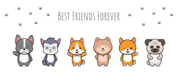 Cute dog best friends forever doodle banner background wallpaper icon cartoon illustration